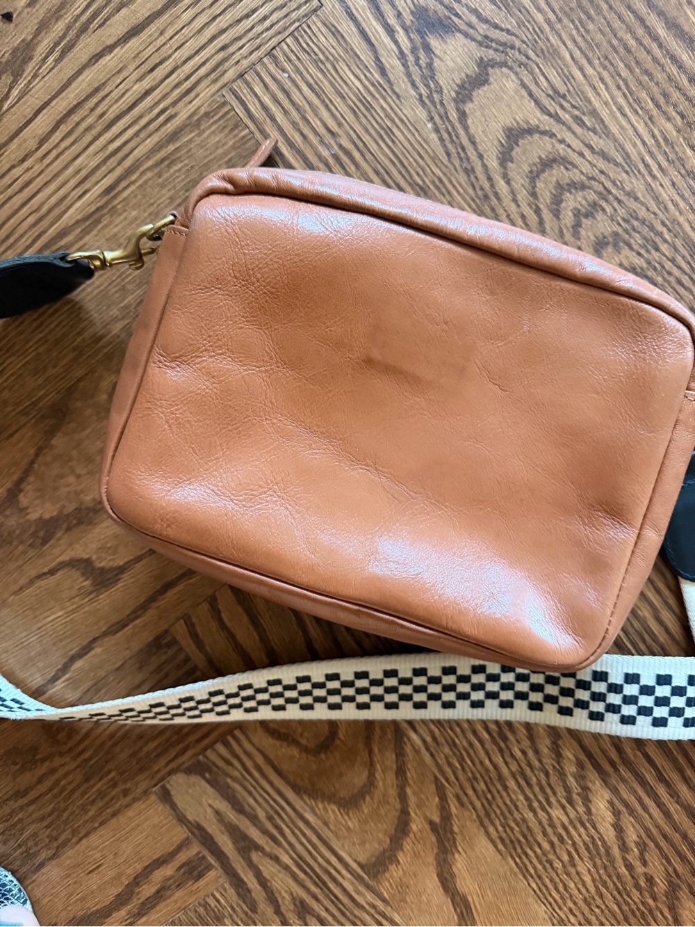 Clare V Midi Sac in Tan with Stripes and Checkered Crossbody Strap - Picture 3 of 12